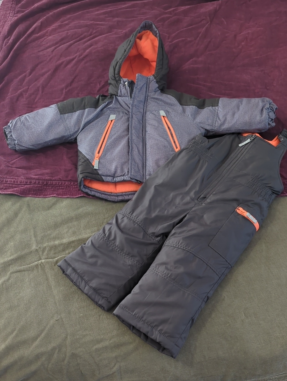 Toddler Two-Piece Gray Winter Snowsuit with Orange Trim